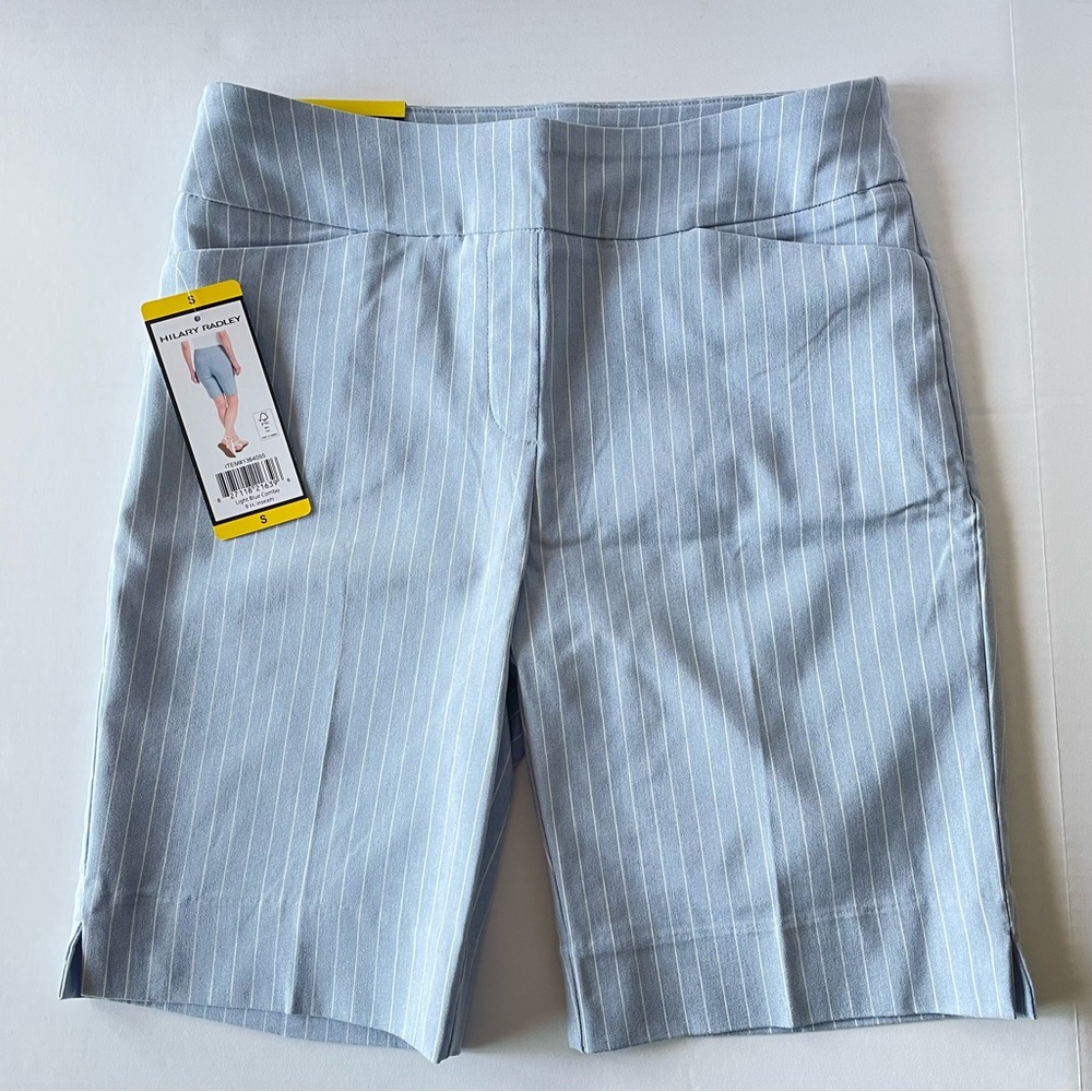 Hilary Radley Women’s Pull On Bermuda Shorts Light Blue White Stripes Sz S NWT